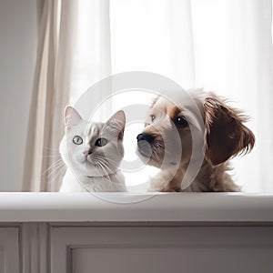 a dog and cat POSING IN WHITE BACKDROP
