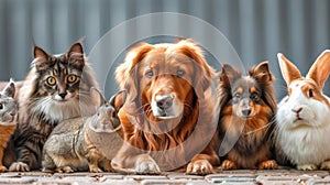 A dog, a cat, a rabbit, a guinea pig, a chinchilla and an iguana sit in a row and look at the camera