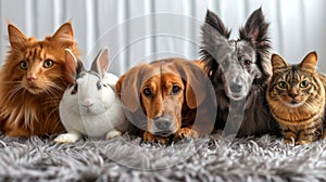 A dog, a cat, a rabbit, a guinea pig, a chinchilla and an iguana sit in a row and look at the camera