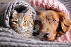 Dog And Cat Sharing Snuggle While Wrapped In Scarves Cold At Home. Generative AI