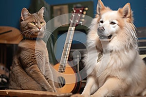 a dog and a cat, side by side, playing their instruments in unison