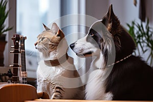 a dog and a cat, side by side, playing their instruments in unison