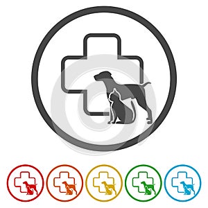 Dog and cat silhouette circle veterinarian pet clinic icon, vector illustration