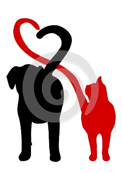 Dog and cat silhouette making a heart in the tail