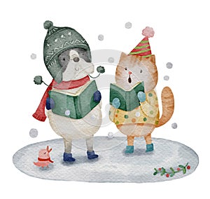 Dog and cat are singing a christmas carol on snowfield . Watercolor paint cartoon characters . White isolate background . X-mas