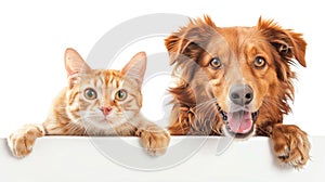 Dog and cat sit above white banner in cute display. Ai Generated