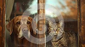 Serene Dog and Cat Together, Looking Through a Window, in a Warm Home Setting. Perfect for Pet Enthusiasts. AI