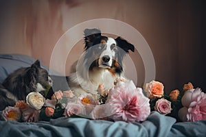 a dog and a cat sitting on a bed with flowers