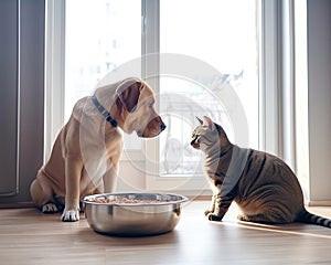 Dog and cat sitting near bowl full of food