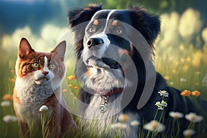 Dog and cat sitting side by side on a meadow.