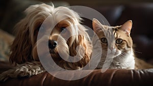 a dog and a cat sitting side by side on a white banner