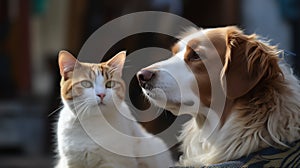 a dog and a cat sitting side by side on a white banner