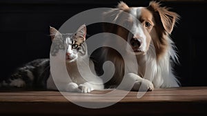 a dog and a cat sitting side by side on a white banner