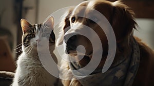 a dog and a cat sitting side by side on a white banner