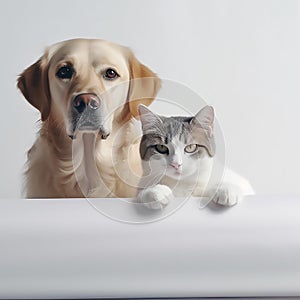 a dog and a cat sitting side by side on a white banner