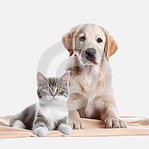 a dog and a cat sitting side by side on a white banner