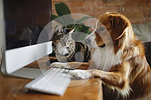 Dog and a cat sitting on a table and browsing on a computer. Generative AI
