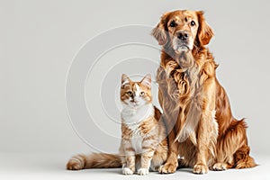 Dog and Cat Sitting Together Against Beige Background