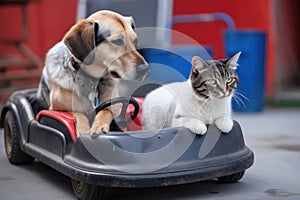 a dog and a cat sitting together in a bumper car, enjoying the ride