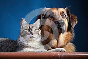 Dog and cat sitting together showcasing adorable companionship and friendship in a cozy home setting, animal photography pics