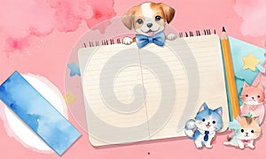 a dog and a cat are sitting on top of a notebook