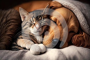 dog and cat sleeping together kitten and puppy illustration generative ai