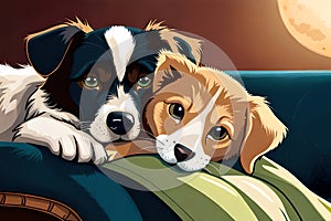 Dog And Cat Sleeping Together Kitten And Puppy Illustration. Generative AI