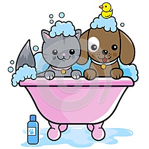 Dog and cat in a tub taking a bath. Vector illustration