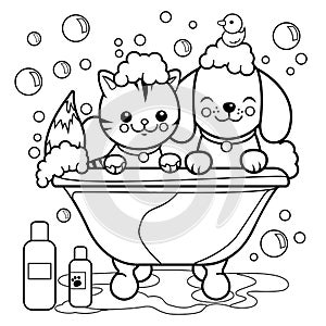 Dog and cat in a tub taking a bath. Vector black and white coloring page.