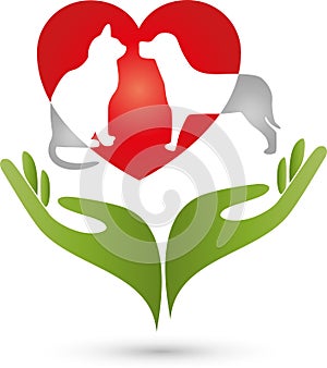 Dog cat and two hands, heart and animals, heart for animals logo