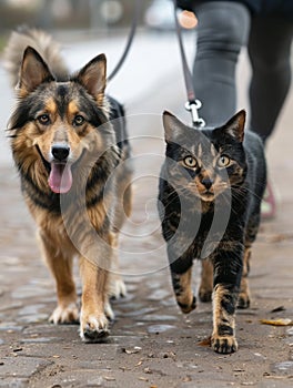 A dog and cat walking side by side outdoors, showcasing an unusual yet heartwarming companionship.