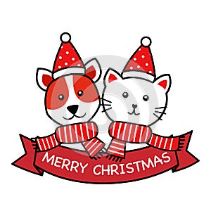 Dog and cat wearing Santa hat and scarf in line art design. Merry Christmas concept vector illustration. Holiday celebration.