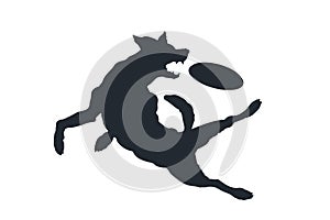 Dog catch frisbee. Isolated silhouette of jumping pet. Puppy play with disc. Black drawing of doggy portrait. Active