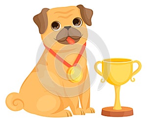 Dog champion with trophy cup. Funny cartoon pet