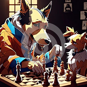 dog character design illustration background playing chess