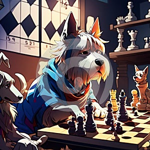 dog character design illustration background playing chess