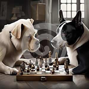 dog character design illustration background playing chess