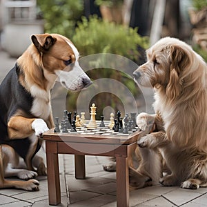 dog character design illustration background playing chess