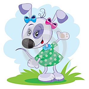 Dog character in green dress and with bows, vector illustration, cartoon illustration