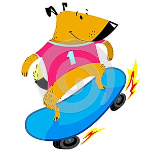 Dog character skates. Sporty pet on skateboard. Vector illustration