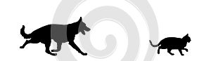 Dog chases cat vector silhouette illustration isolated on white background