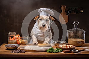 dog chef, mixing up fresh and creative mixture of ingredients for new recipe