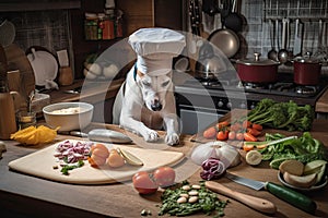 dog chef, with paws on board and knife in hand, preparing ingredients for paw-bidden meal