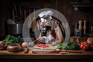 dog chef, with paws on board and knife in hand, preparing ingredients for paw-bidden meal