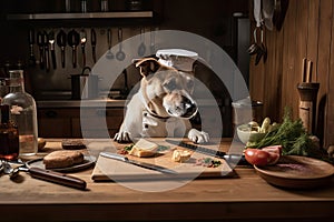 dog chef, with paws on board and knife in hand, preparing ingredients for paw-bidden meal