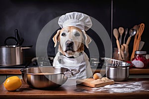 dog chef using whisk to mix ingredients for new recipe