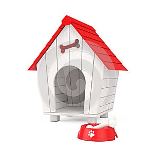 Dog Chew Bone in Red Plastic Bowl for Dog in front of Wooden Cartoon Dog House. 3d Rendering