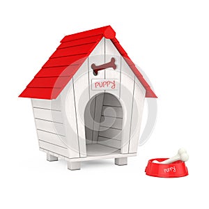 Dog Chew Bone in Red Plastic Bowl for Dog in front of Wooden Cartoon Dog House. 3d Rendering