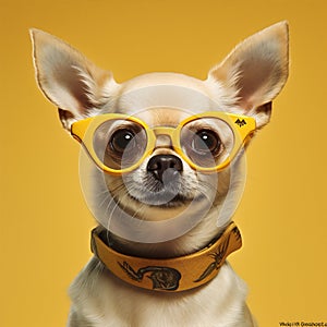 dog chihuahua cute glasses background portrait eyeglass yellow puppy animal pet. Generative AI.