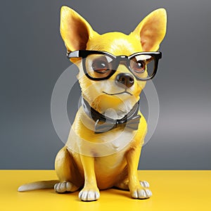 dog chihuahua funny cute background yellow portrait pet puppy glasses animal. Generative AI. photo